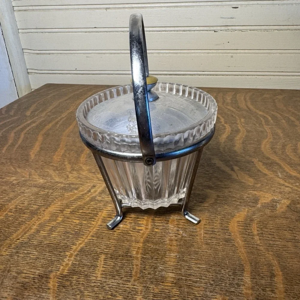 Vintage Pressed Glass Ice Bucket Chrome Stand Lid Yellow Knob Mid Century